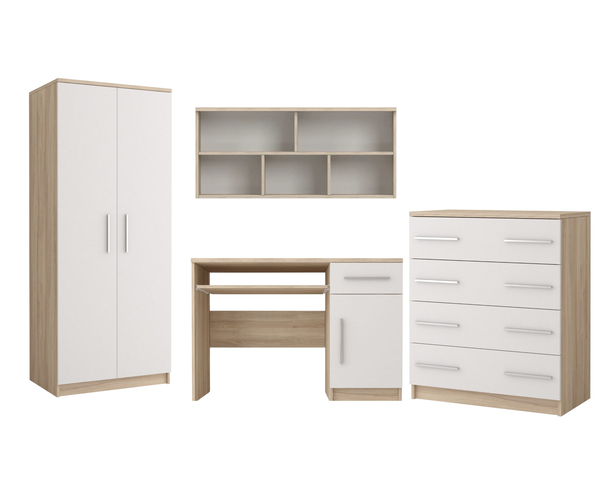 Deine Möbel 24 Jugendzimmer-Set OLMO II Jugendzimmer Jugendmöbel Kinderzimmer komplett 4-teilig, (Set, 4-tlg., Weiß Grau Eiche Sonoma Modernes Möbel-Set für Kinder), Kleiderschrank Schreibtisch Kommode Wandregal Scandi-Still