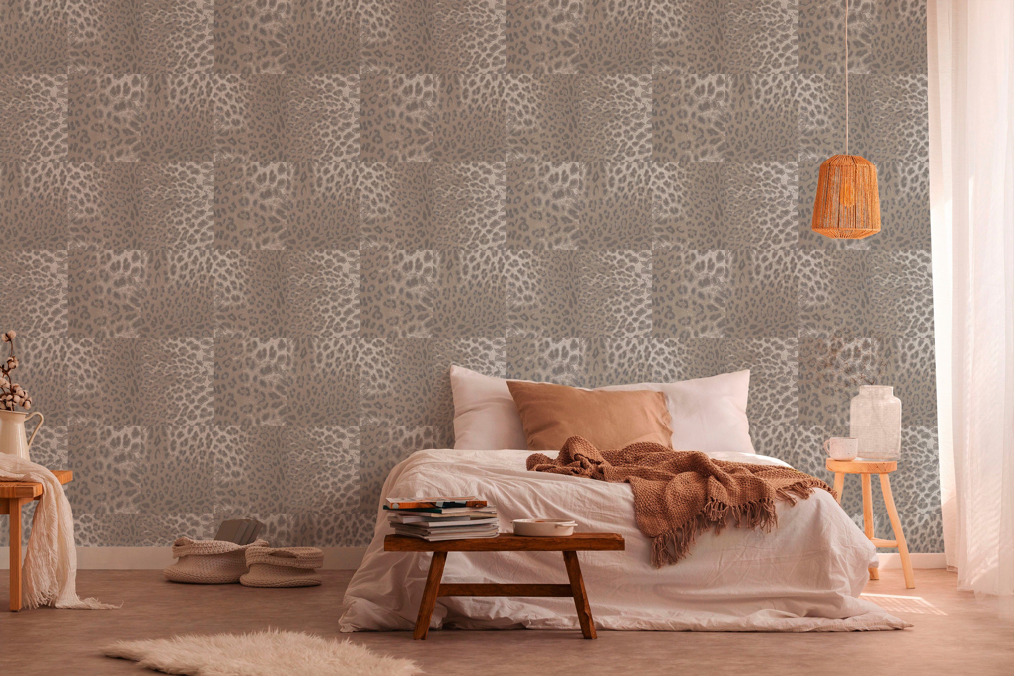 living walls Leopardenmuster Desert Tapete print, Vliestapete Fellimitat, grau/weiß/braun animal strukturiert, Lodge, gemustert