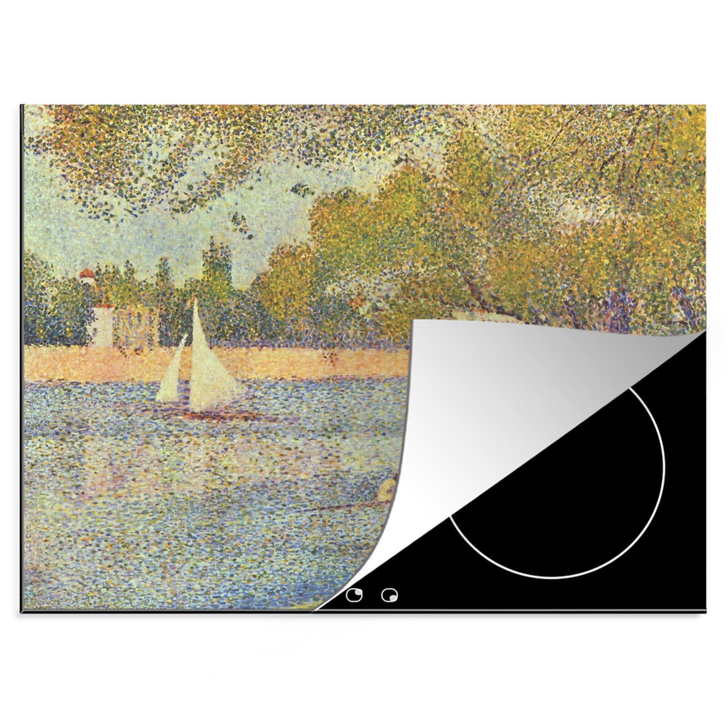 MuchoWow Herdblende-/Abdeckplatte Die Seine bei La Grande Jatte - Gemälde von Georges Seurat, Vinyl, (1 tlg), 70x52 cm, Mobile Arbeitsfläche nutzbar, Ceranfeldabdeckung