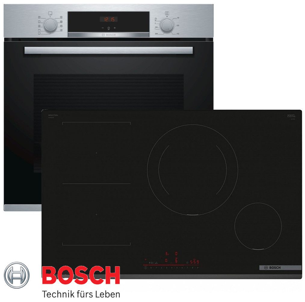 BOSCH Induktions Herd-Set Autark Backofen Silber mit Teleskop + Kochfeld Induktion 80cm, mit 1-fach-Teleskopauszug