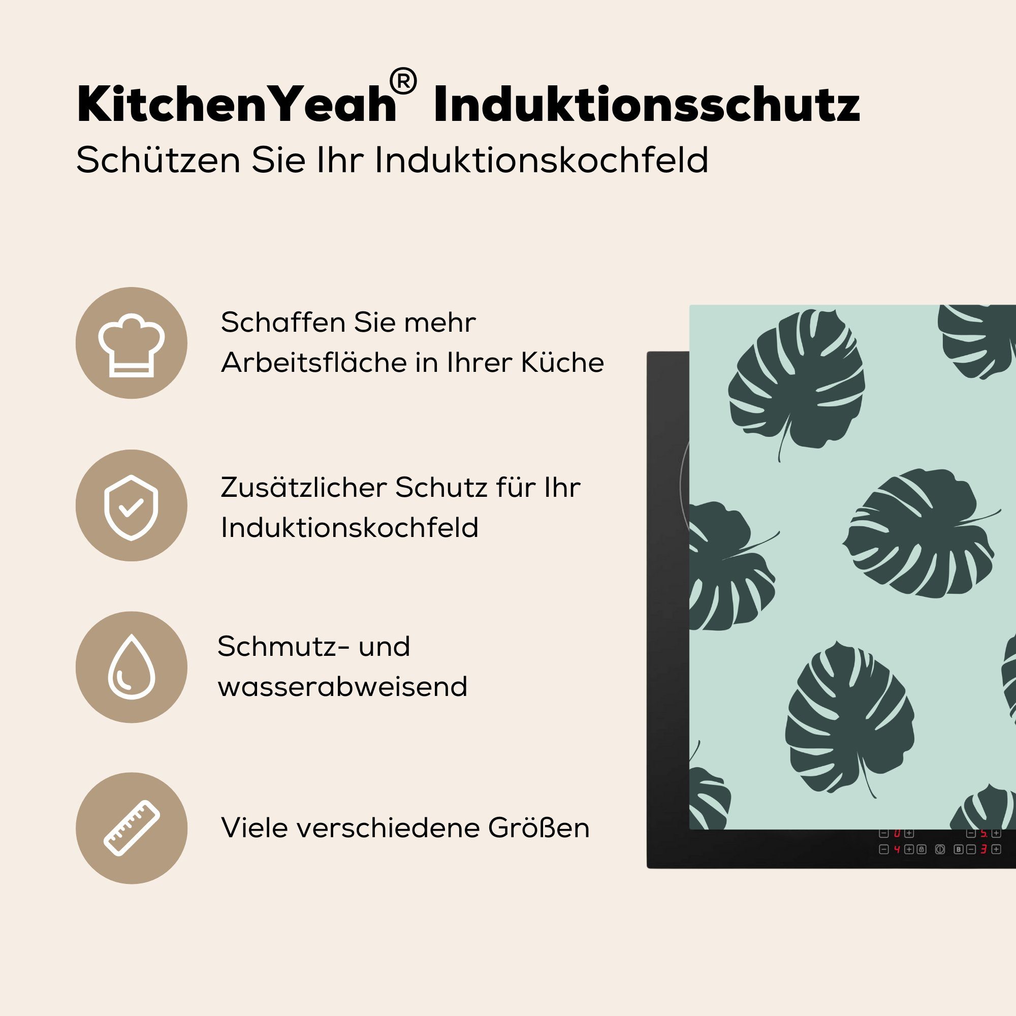 Sommer - küche MuchoWow Vinyl, tlg), Herdblende-/Abdeckplatte Blätter für (1 - 78x78 Arbeitsplatte cm, Monstera, Ceranfeldabdeckung,