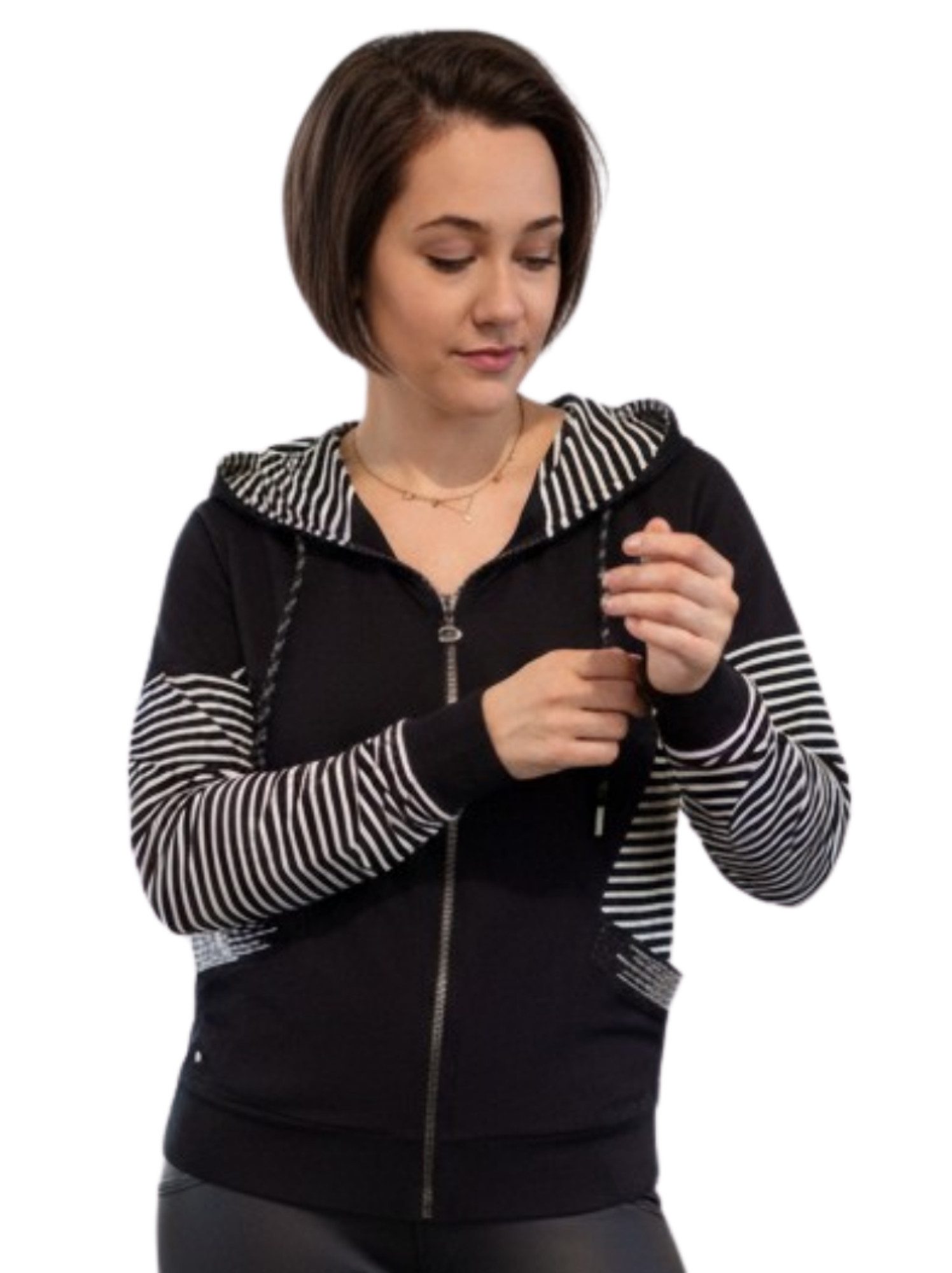 Gio Milano Kurzjacke G31-9200, mit geringelten Ärmeln uns Strassbesatz Kapuze mit Tunnelzug