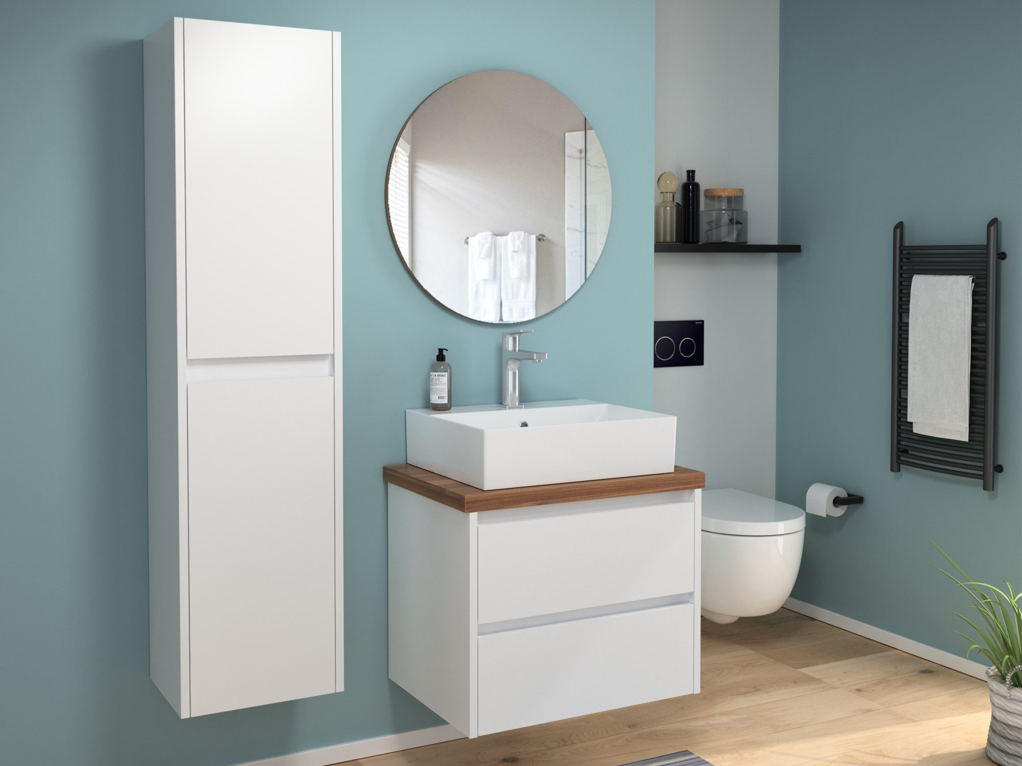 Aqua Bagno Badmöbel-Set Duo Badmöbel 60 cm Weiß Hochglanz Lackiert mit Trägerplatte & Keramik, (Badschrank vormontiert, 3-St., Unterschrank hochglanzlackiert, Trägerplatte melaminbeschichtet), einfache Monatge