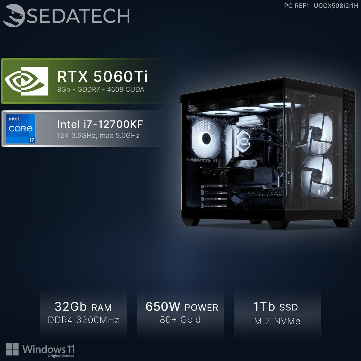 Sedatech UCCX508I2I1HF - Watercooling Gaming-PC (Intel Core i7 12700KF 12x 3.6GHz (max 5.0GHz), Geforce RTX5060Ti 8GB, 32 GB RAM, 1000 GB SSD, Watercooling, Wlan 4)