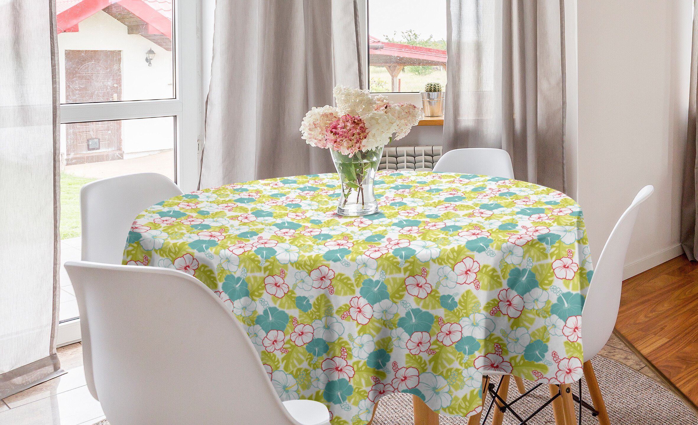 Dekoration, Tischdecke Esszimmer Hibiscus Tischdecke für Blätter Abdeckung Kreis Monstera Hawaiisch Küche Abakuhaus