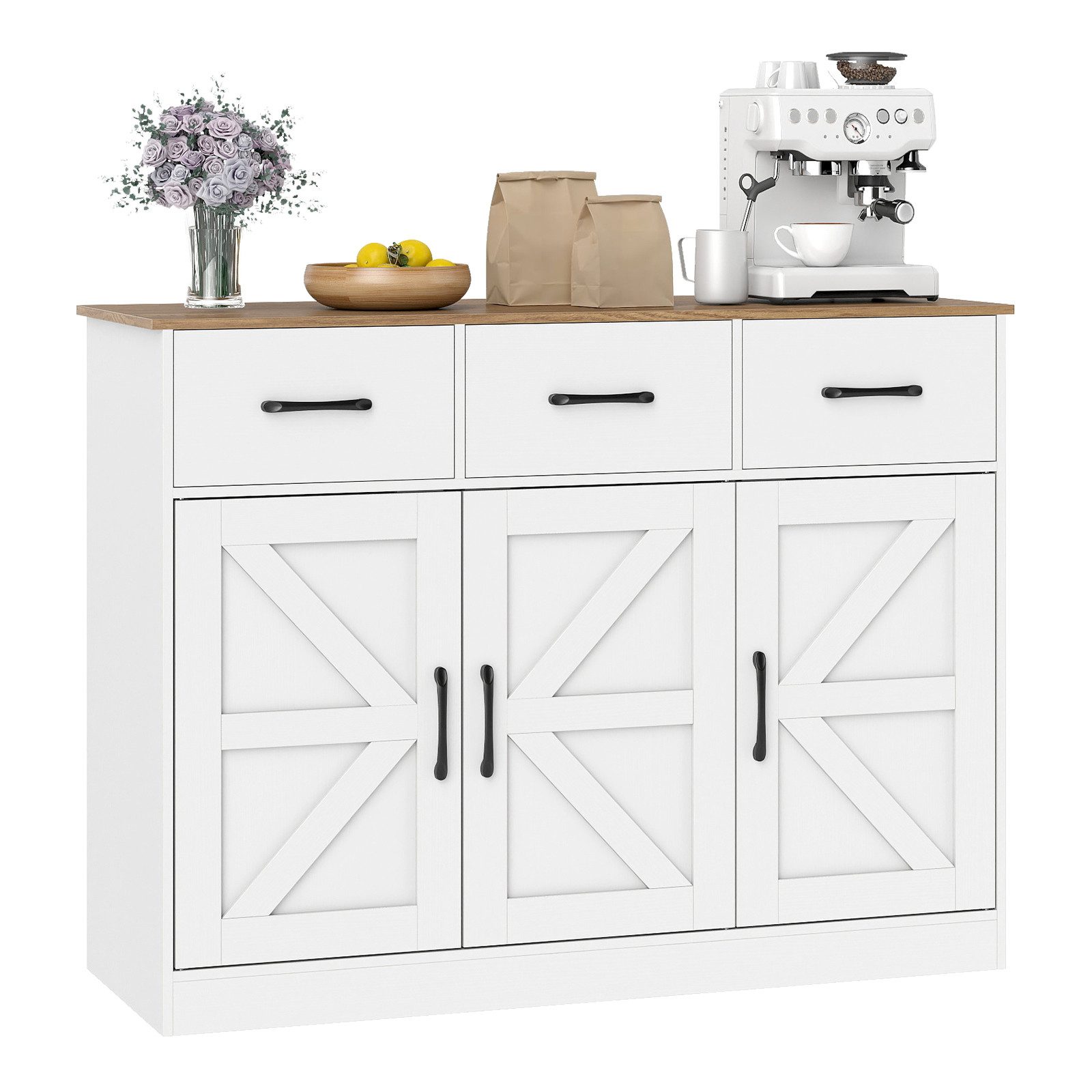 COSTWAY Küchenbuffet Schrank Sideboard mit 3 Schubladen, verstellbaren Regalen
