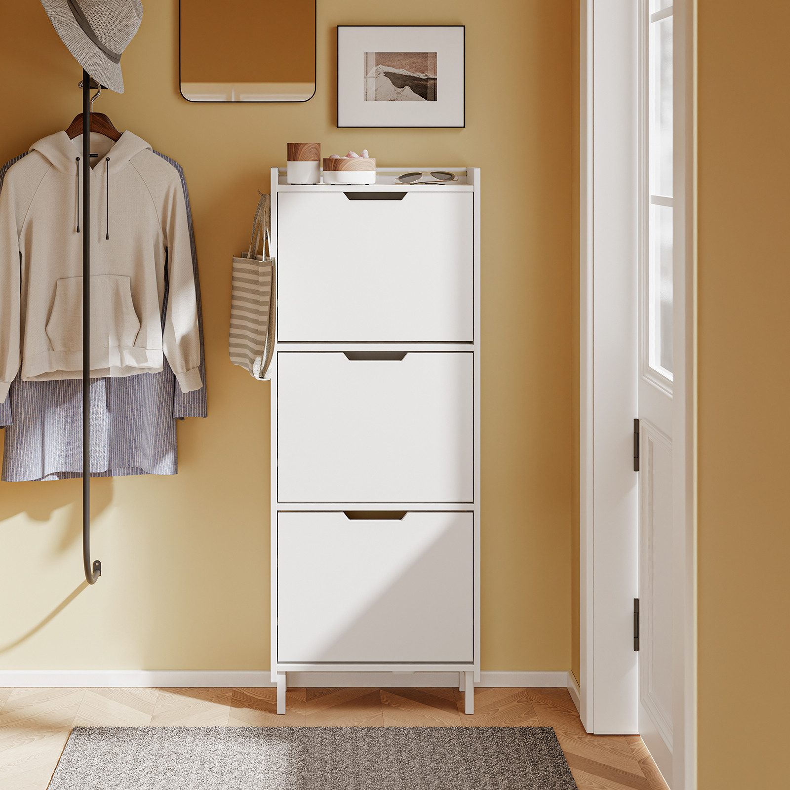 SoBuy Schuhkipper FSR151-H-E, Schuhschrank schmal, Schuhregal Schuhkipper Flurschrank, Schuhschrank hängend, mit Sensorlicht, 3 Klappen, Schuhaufbewahrung