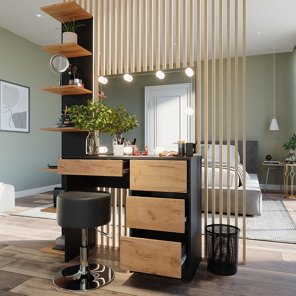 Vicco Schminktisch Sherry, Anthrazit/Goldkraft Eiche, 90 x 75 cm mit Spiegel, LED-Bele... (2-St)