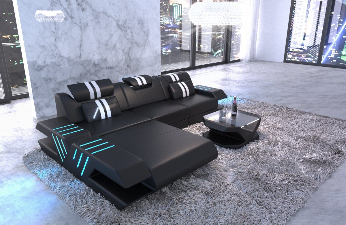 Sofa Dreams Ecksofa Venedig L Form Leder Couch USB, 4-Sitzer, Echtleder Premium, Schwarz-Weiß, Ottomane links, Bett, LED