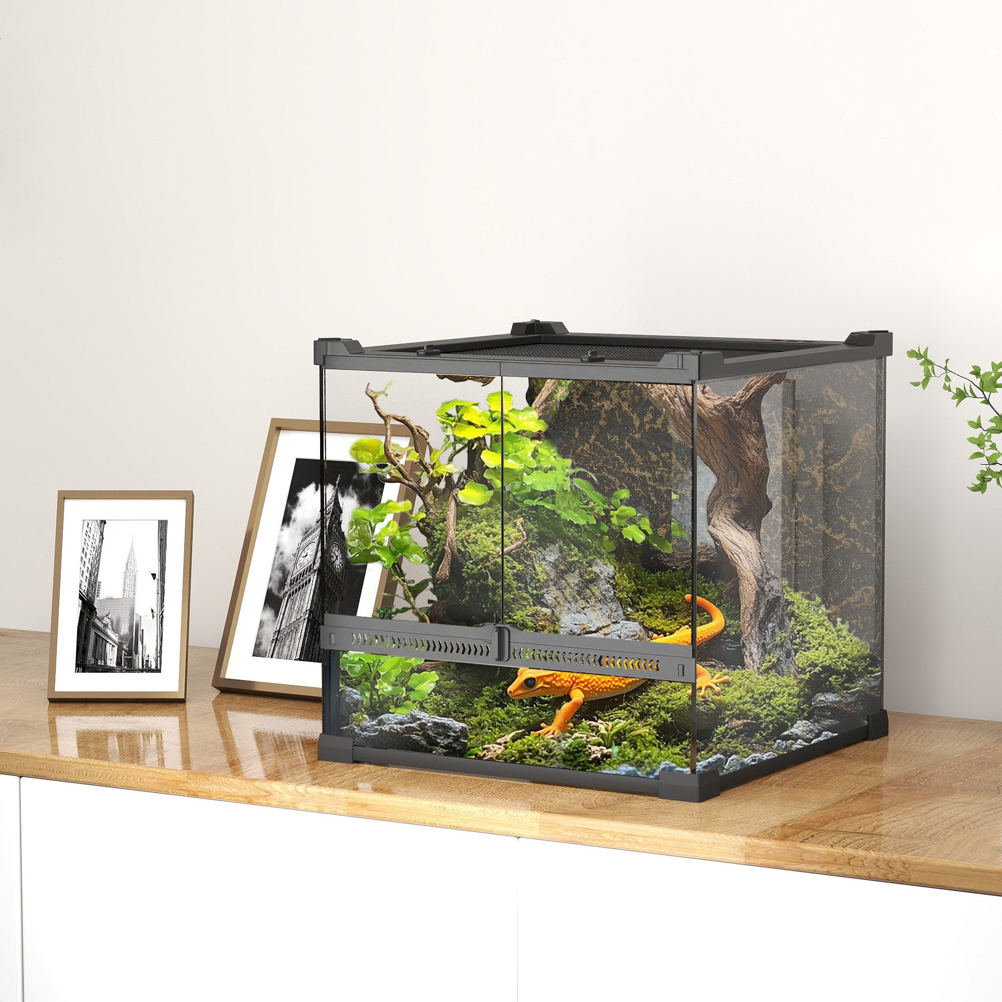 PawHut Terrarium Glasterrarium 24L Fütterungsbox mit Frontbelüftung, für Amphibien Spinne Schwarz 30 x 30 x 30 cm