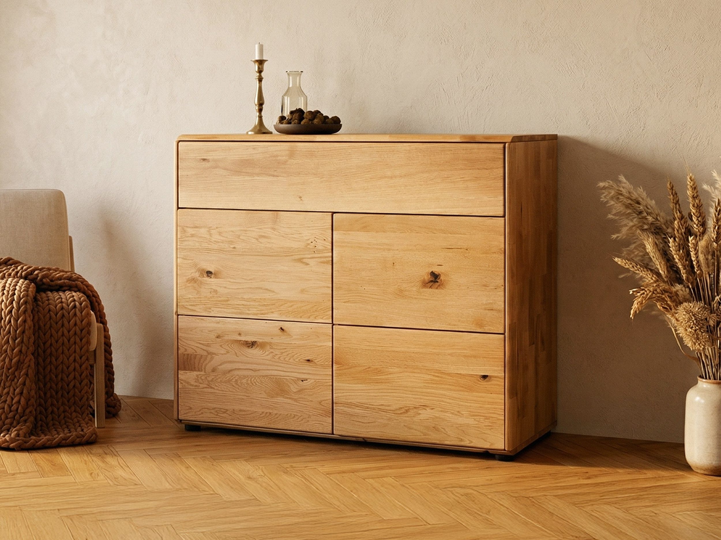 Massivart® Kommode 100 cm Breite 1 Schublade Wildeiche massiv geölt »SKOV«, Massivholz · 2 Drehtüren · 1 Einlegeboden · viel Stauraum
