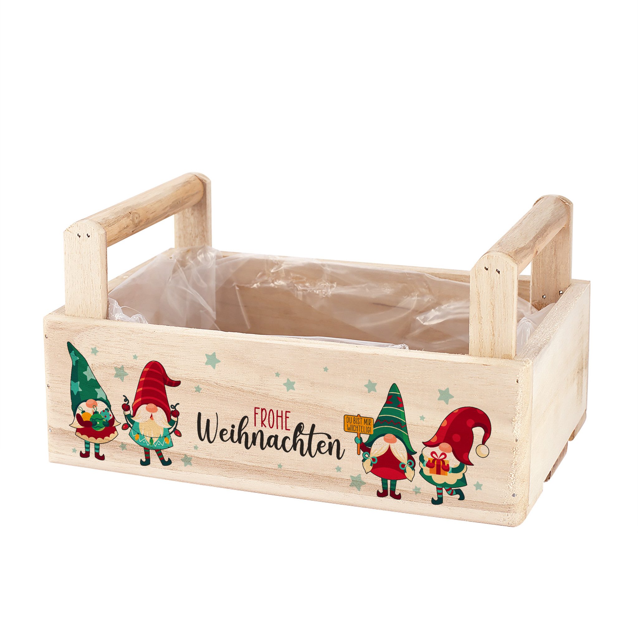 Herz & Heim Geschenkbox zu Weihnachten oder Nikolaus - Holzkorb für Weihnachtsgeschenke, mit Holzgriffen