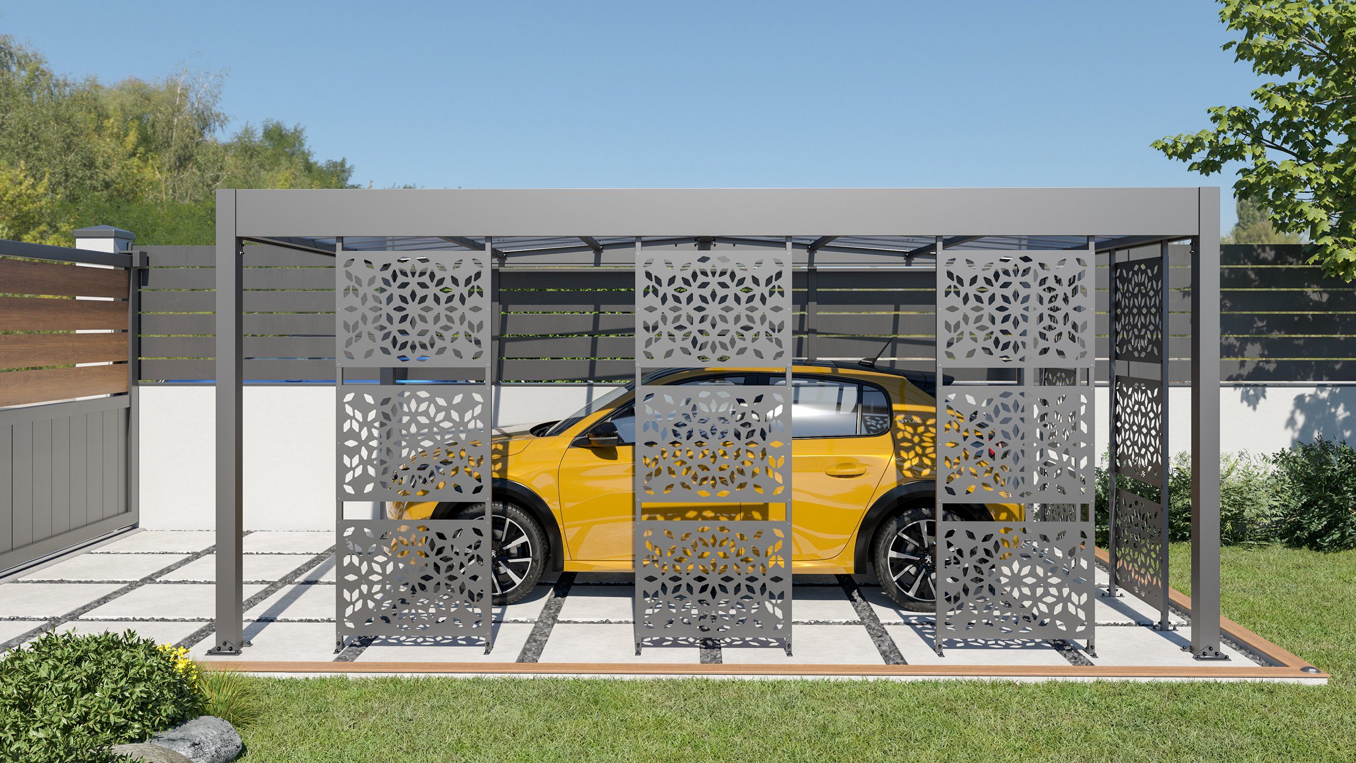 Doppeldach dekorative Einfahrtshöhe, freistehend, Konstruktion, 2,1 Carport 5 cm Einzelcarport Metall Trigano Paneele, Libeccio Robuste