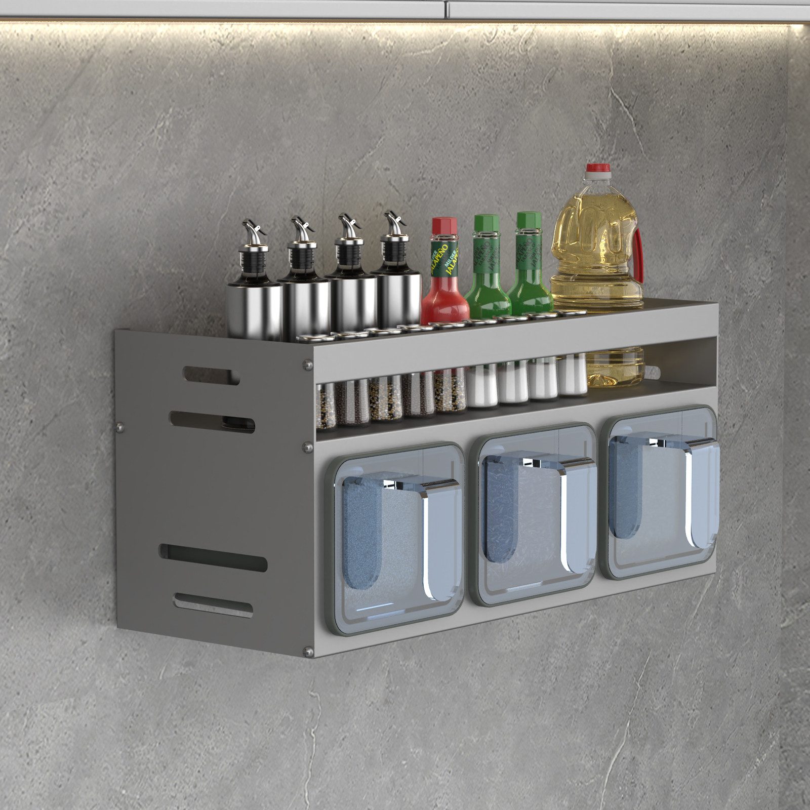 Huracan Gewürzbehälter Gewürzregal Wand,Küchenregal Wand mit Gewürzbox, 3‑fach (24 x 10,7 x 12,3 cm), (Gewürzregal Ohne Bohren Metall, Spice Rack), Küchenregal Hängend, Gewürz Organizer für Küchen Arbeitsplatte Schrank