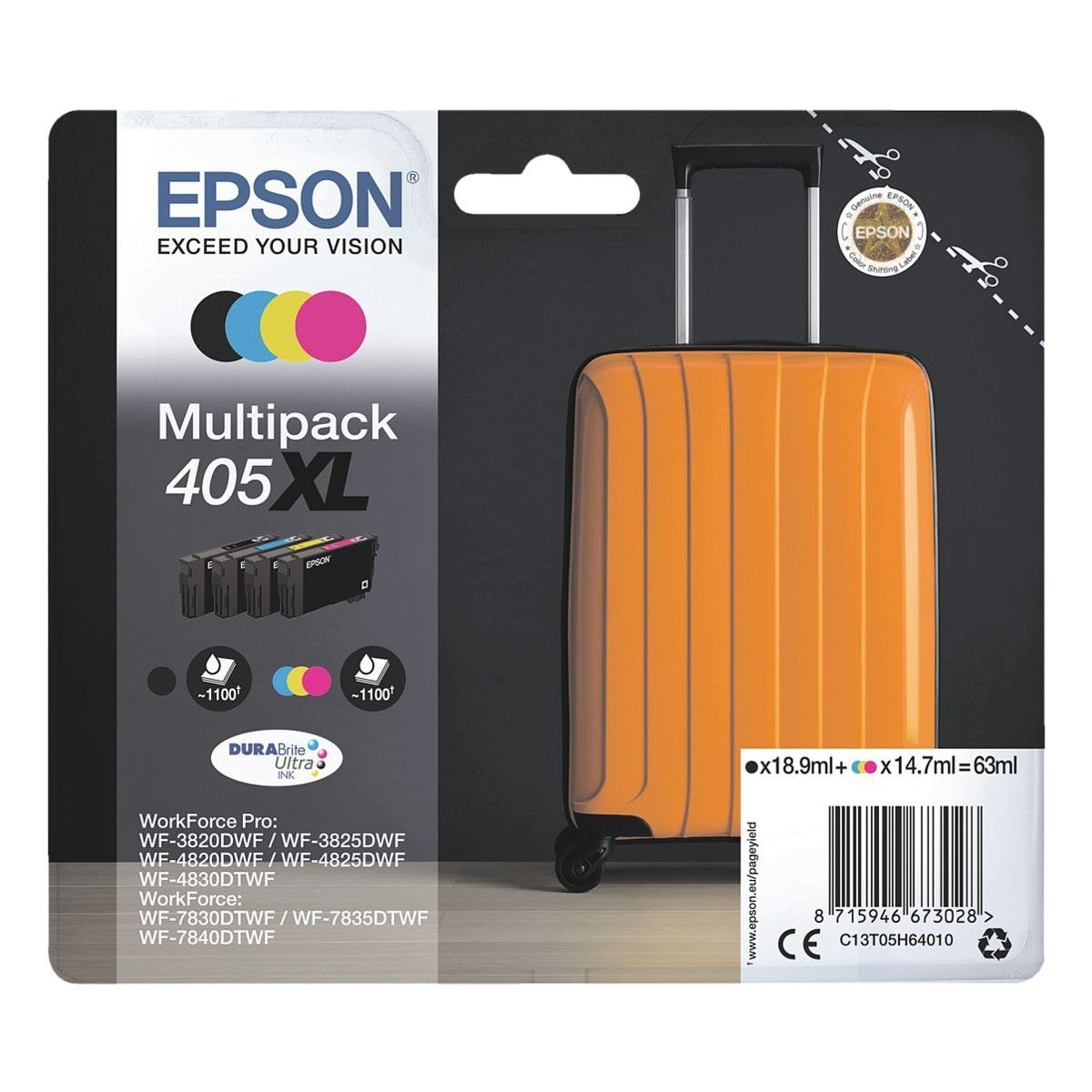 Epson 405XL DURABrite Tintenpatrone (Set, 4-tlg., Original Druckerpatrone, schwarz, cyan, magenta, gelb)