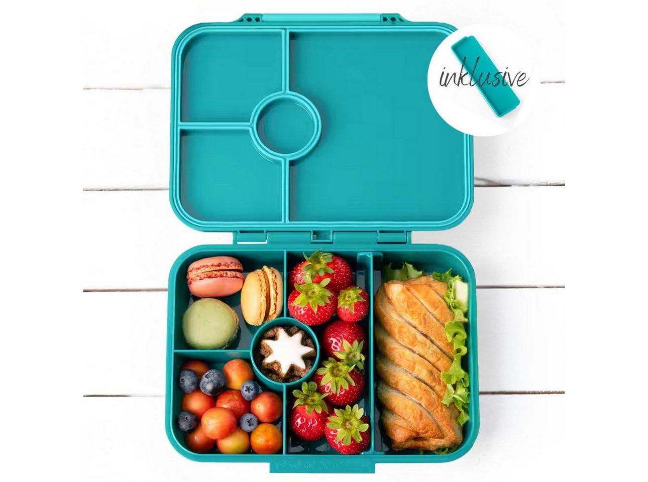 LEKKABOX Lunchbox Bentobox Brotdose, 4 Fächer - Kinder Vesperdose Brotbüchse Brotbox, Für feuchte Lebensmittel auslaufsicher, inkl. extra Trenner