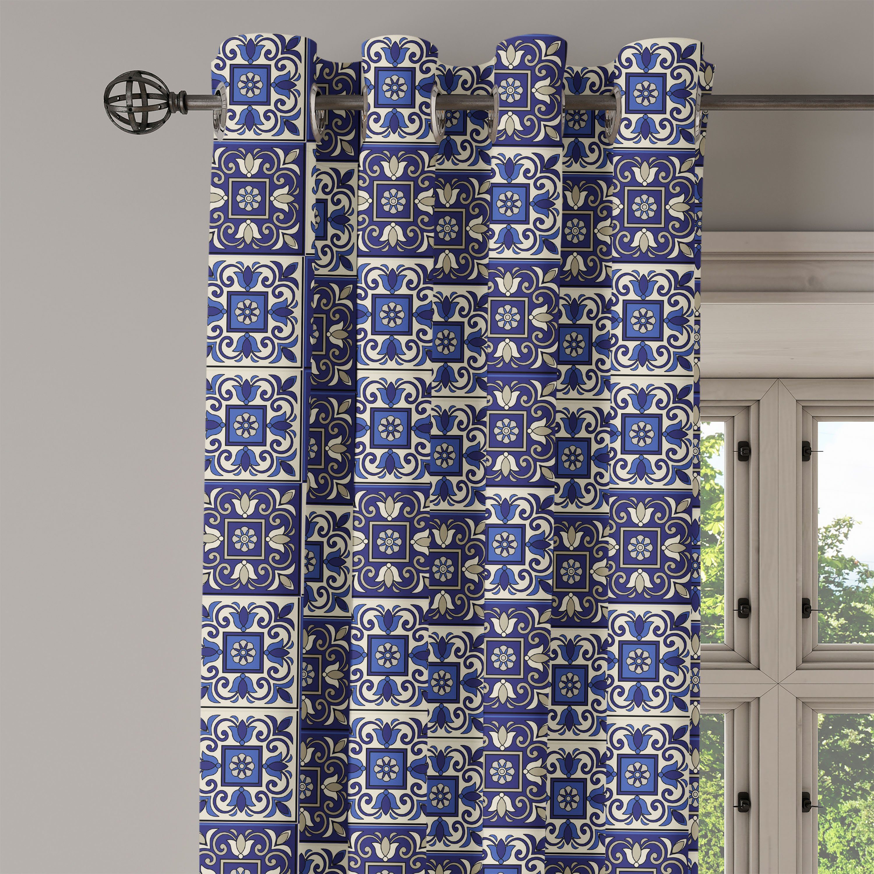 Gardine Abakuhaus, Squares für Wohnzimmer, Dekorative Schlafzimmer marokkanisch Azulejos 2-Panel-Fenstervorhänge