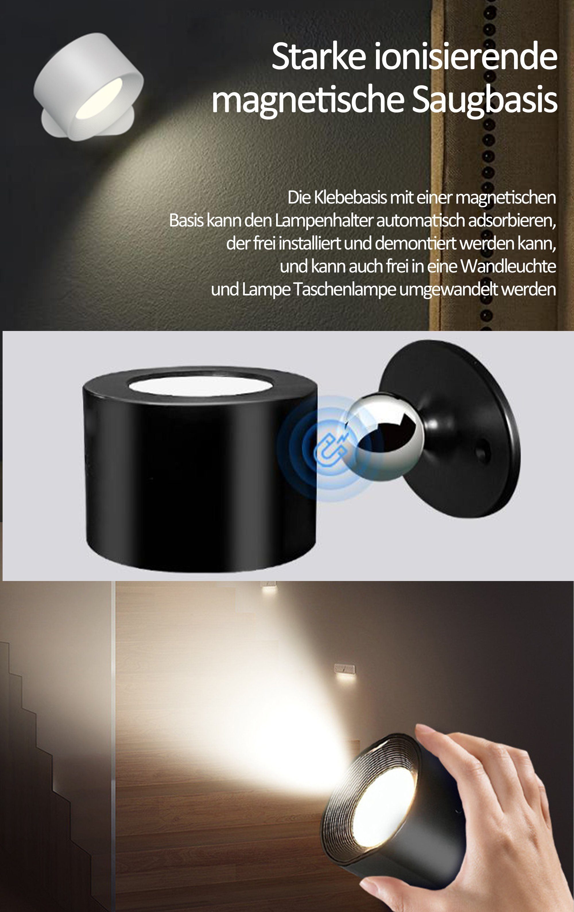Wandlampe schwarz-2 Helligkeitsstufen, 360° 3 Leselampe LED USB-C Aufladbare mit Nachttischlampe Wandlampe 3000K-4000K-6000K,Abnehmbare LED Tischlampe Ladefunktion, KUGI Rotation, Schreibtischlampe Akku,Touch-Steuerung
