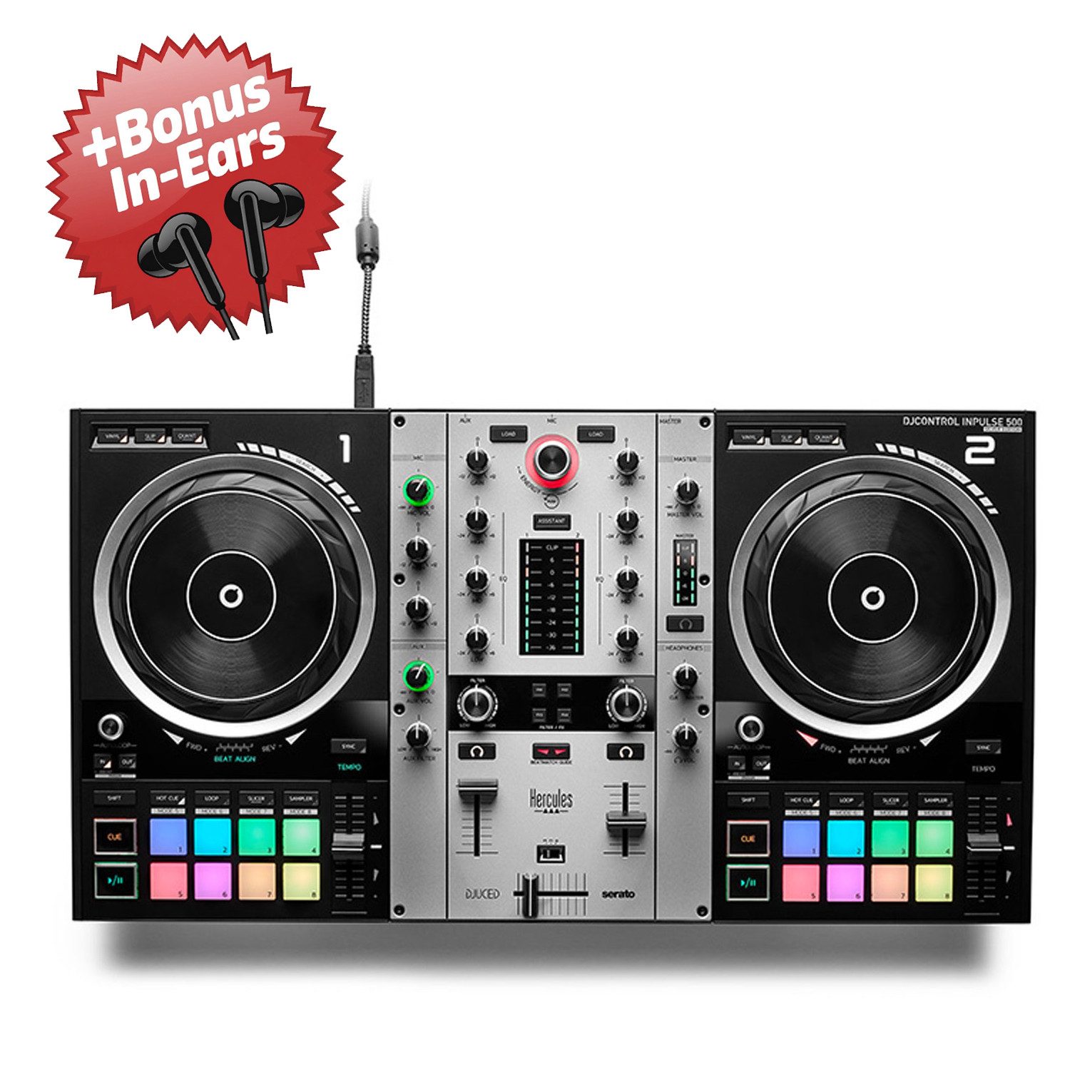 HERCULES DJ Controller Hercules DJ Controller Inpulse 500 Silver Edition + Bonus In-Ear, (Inklusive Software), Inklusive Software