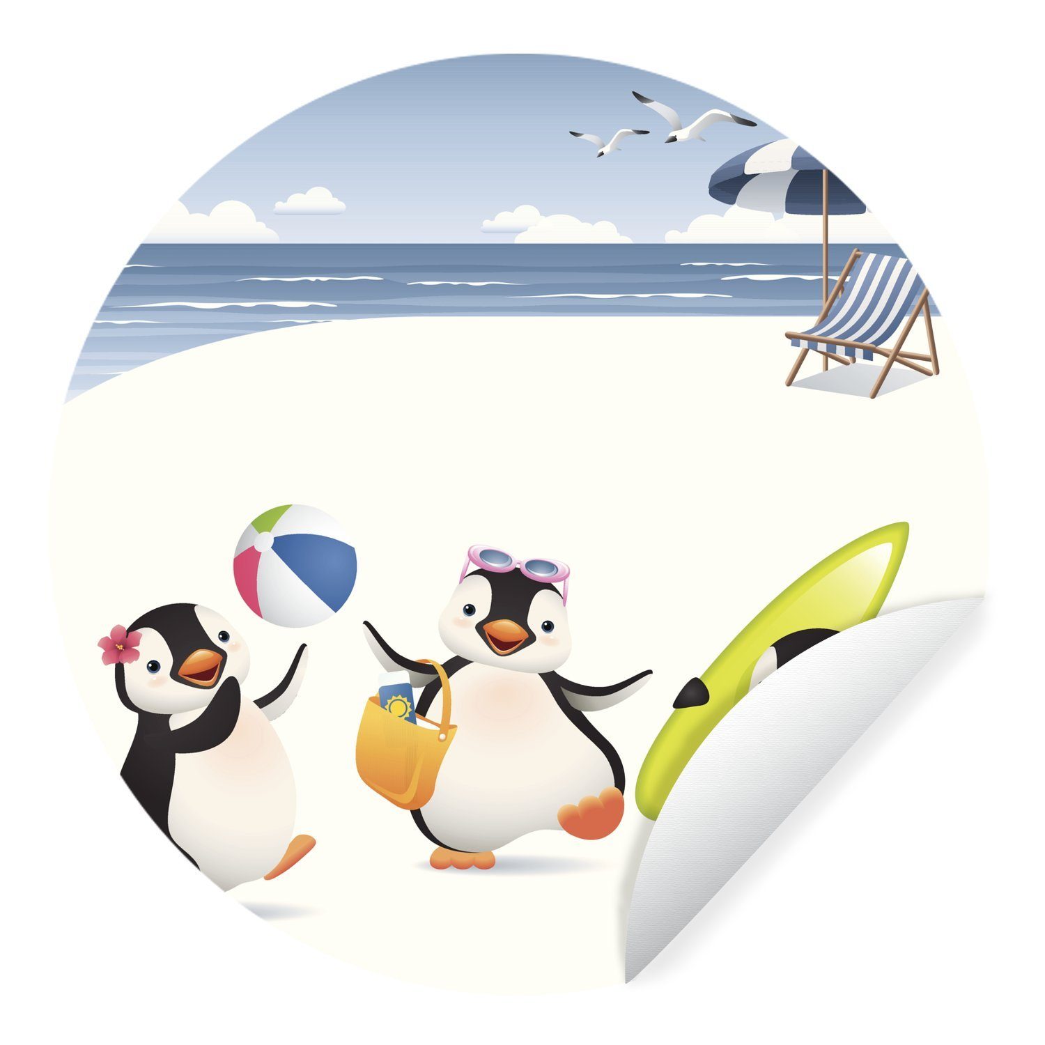MuchoWow Wandsticker Illustration von drei Pinguinen, die am Strand spielen (1 St), Tapetenkreis für Kinderzimmer, Tapetenaufkleber, Rund, Wohnzimmer