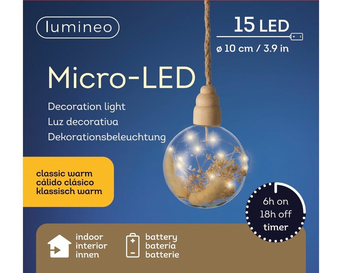 Stern Timer, Indoor, Micro-LED 10 Lumineo LED Klassischwarm, LED 6h-Timer, Lumineo Batteriebetrieben Trockenblumen Timer, mit Glaskugel 15 cm,