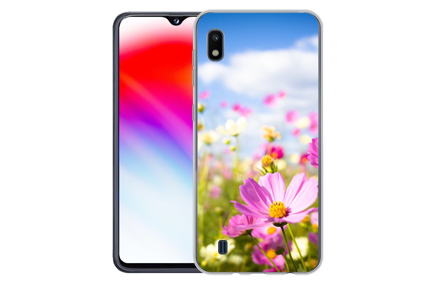 MuchoWow Handyhülle für Samsung Galaxy A10 Blumen - Wiese - Lila - Gras - Weiß - Wolken -, Smartphone-Bumper, Print, Handy Schutzhülle Dünn
