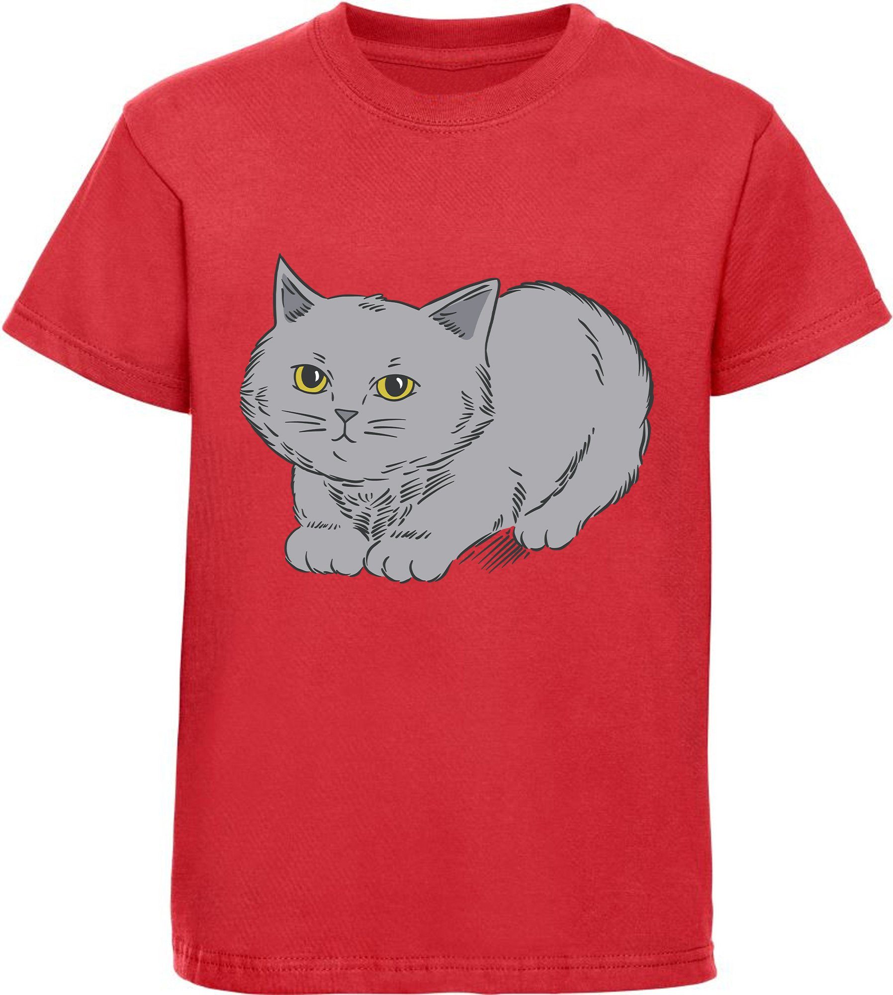MyDesign24 Print-Shirt bedrucktes Mädchen T-Shirt mit niedlicher grauen Katze Baumwollshirt mit Katze, weiß, schwarz, rot, rosa, i107
