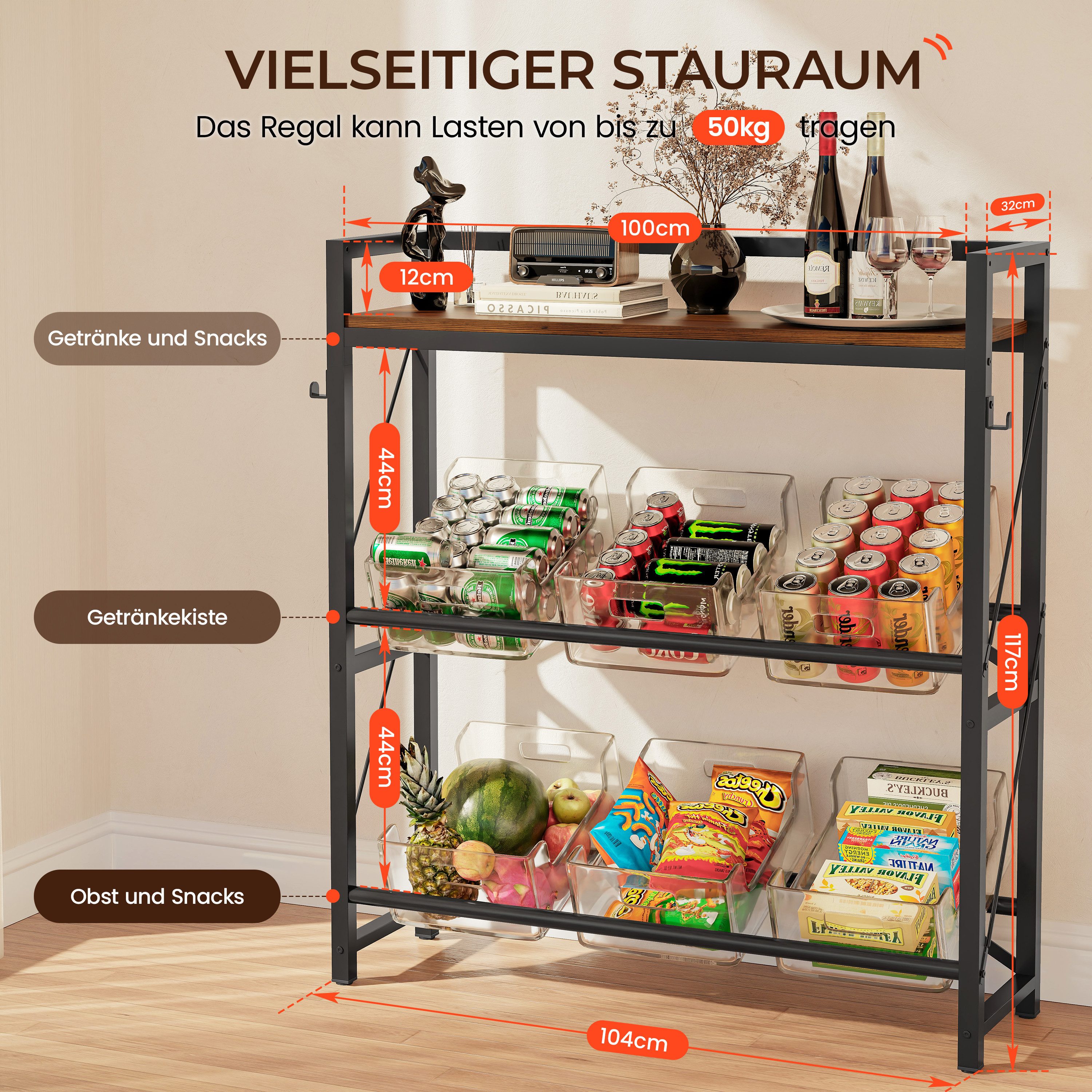 YOUDENOVA Flaschenregal Getränkekistenregal für 6 Kisten aus Metall, 104 x 32 x 117 cm, 1-tlg., Multifunktionales Küchenregal mit MDF-Ablage, bis 150 kg Tragkraft