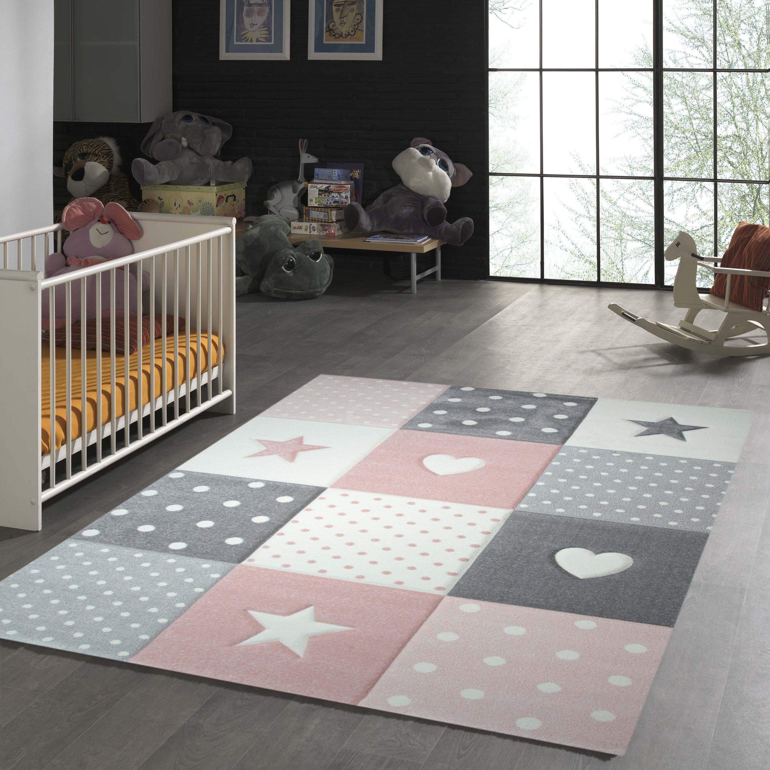 TeppichHome24 Kinderteppich Kinderteppich mit Herz Stern in Rosa Weiss Grau günstig online kaufen