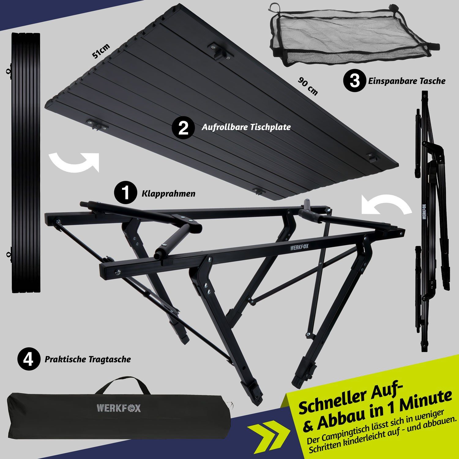 Goods+Gadgets Campingtisch Aluminium Campingtisch – Leicht, faltbar & wetterfest mit Tragetasche (Klappbarer Multifunktionstisch, mit aufrollbarer Tischplatte), & Tragetasche