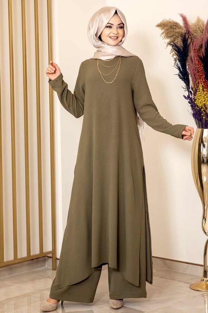 Modavitrini Longtunika Damen Anzug Zweiteiler Khaki Longtunika mit Hose  Hijab Kleidung (ECE) (Zweiteilig, Tunika mit Hose)