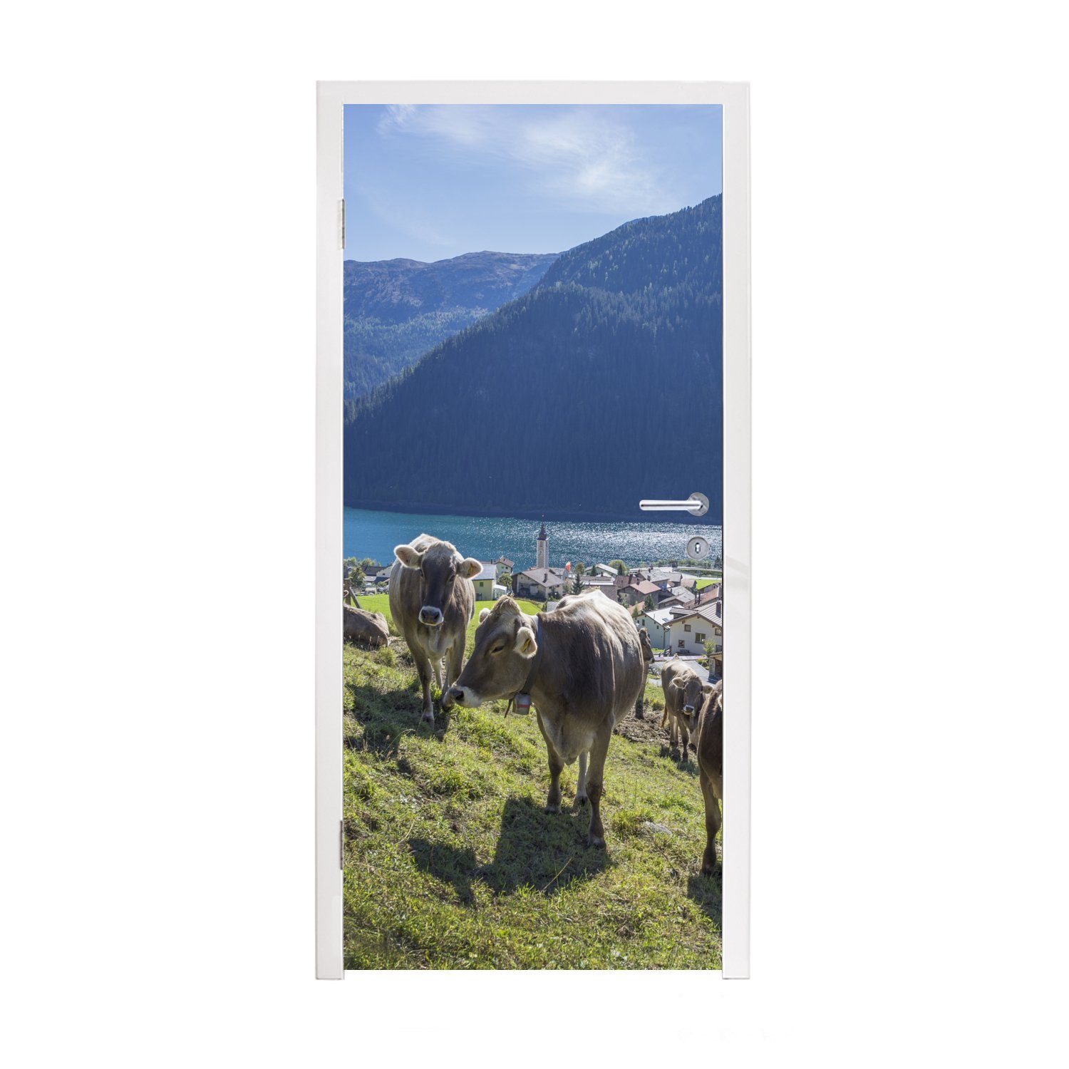 MuchoWow Türtapete Kühe - Wasser - Alpen, Matt, bedruckt, (1 St), Fototapete für Tür, Türaufkleber, 75x205 cm