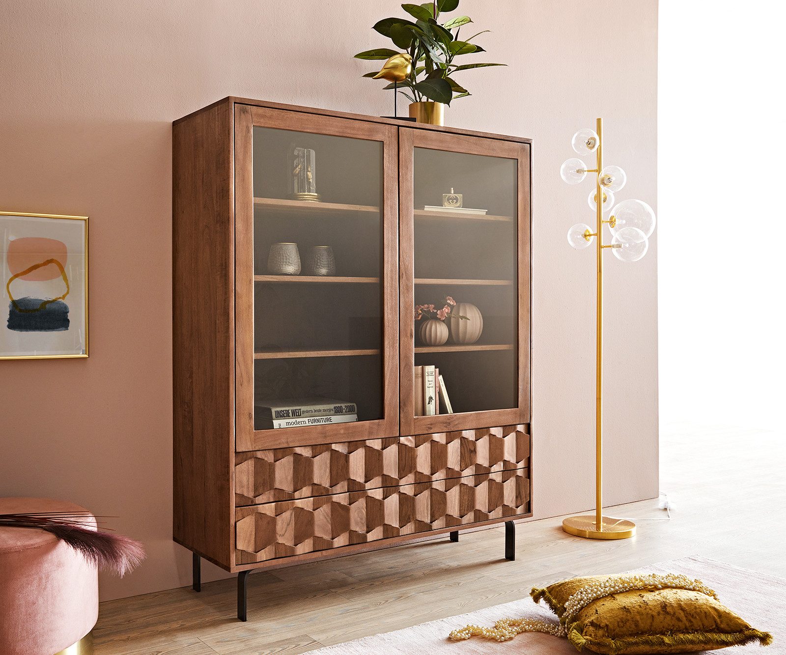 DELIFE Vitrine Fevo Akazie Braun 115x150 cm L-Fuß Vitrine