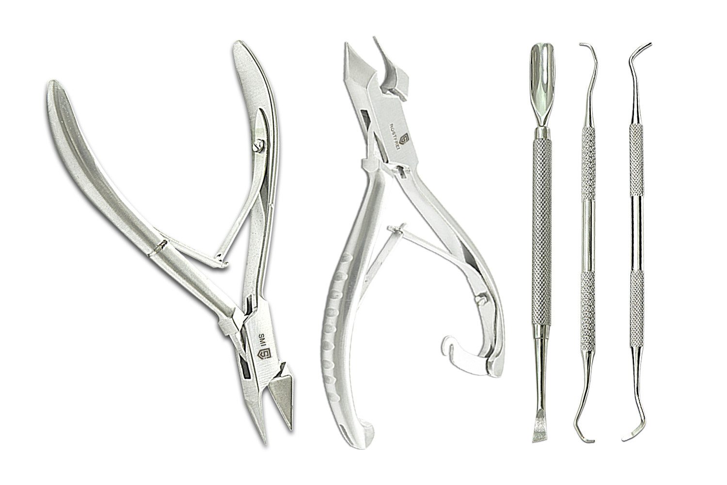 SMI Nagelzange HalbKopfschneider Eckenzange Fußpflegeset Nagelhautschieber Eckenheber, 5-tlg., Für starke, dicke und eingewachsene Nägel Edelstahl