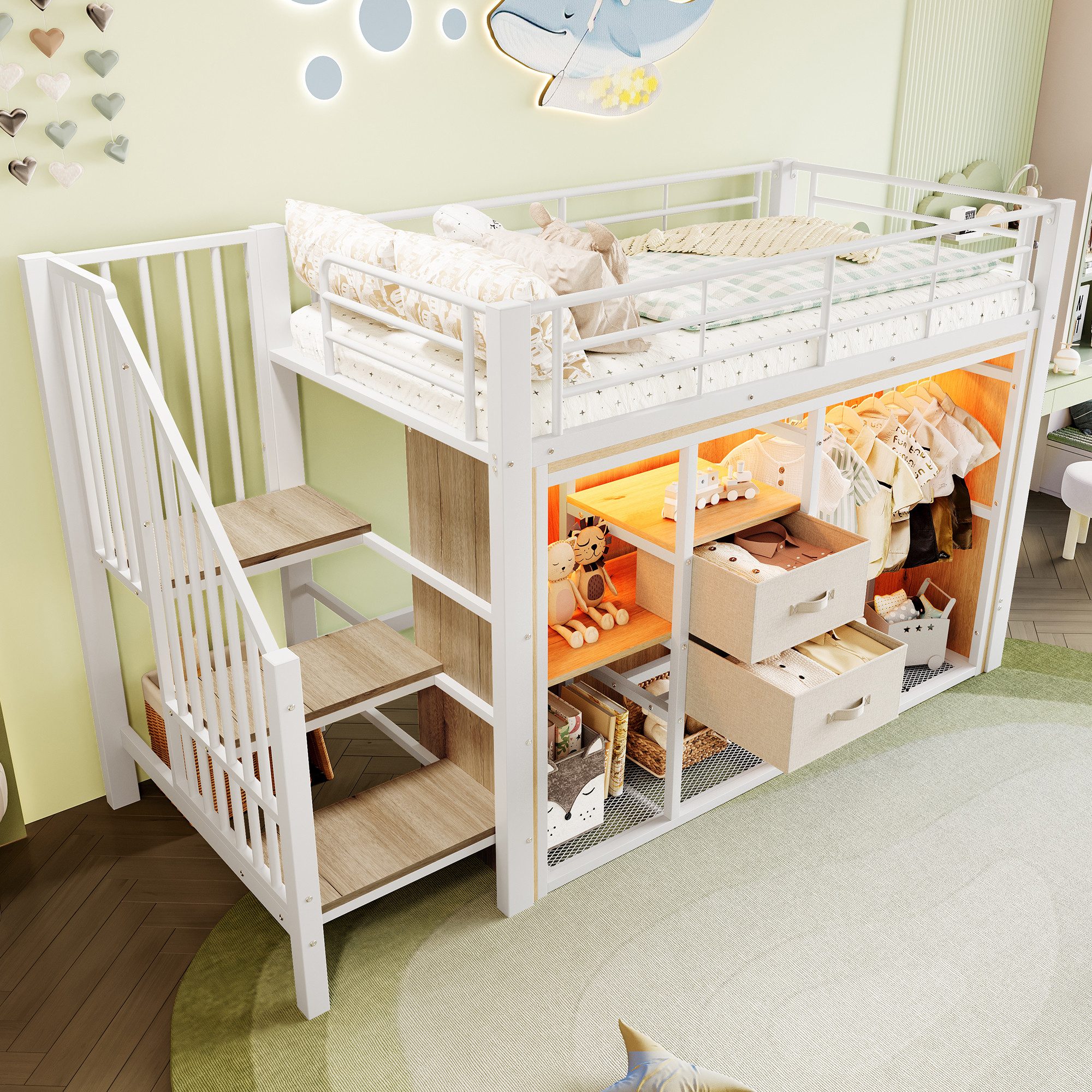 Flieks Hochbett Metall Kinderbett 90×200cm mit offenem Kleiderschrank, LED-Beleuchtung – Bild 4 von 5