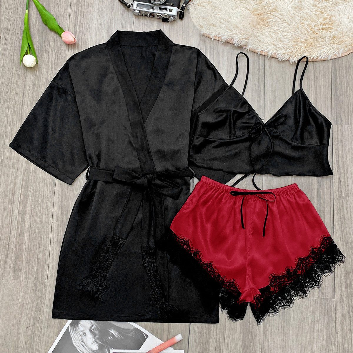 Elegant Love Morgenmantel Sexy Pyjama-Set für Damen, Dessous-Set, Kimono, Negligee aus Satin, Kimono-Kragen, Gürtel, Nachtwäsche und Loungewear, Verführerische Lingerie