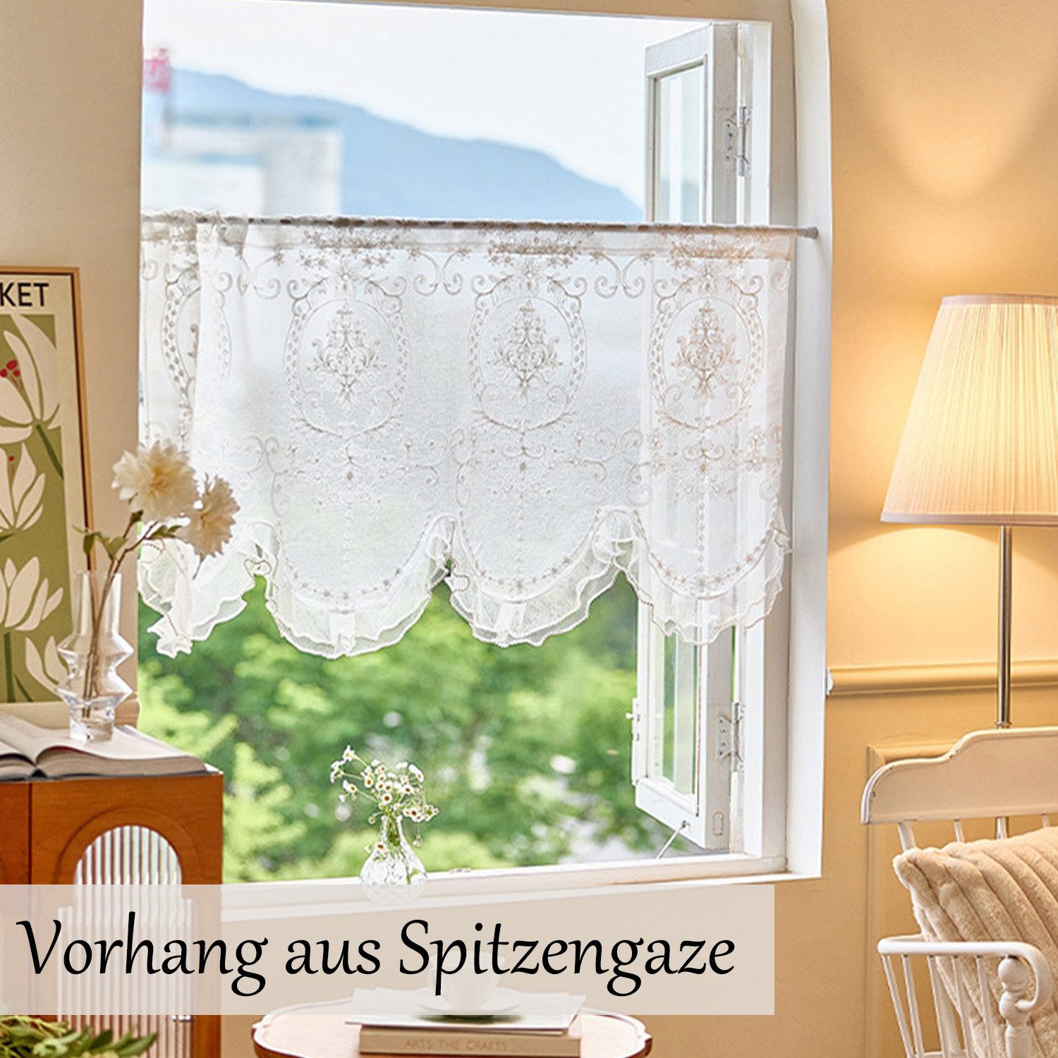 Refttenw Gardine Kurzgardine,Spitzenvorhänge, Retro-Stil bestickte Tüllvorh günstig online kaufen