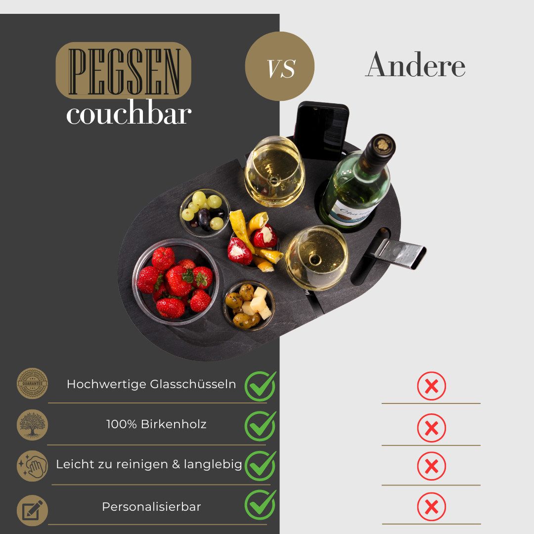 PEGSEN Servier-Set Weinbar Couchbar mit 4 Glasschalen, Birkenholz, Weingläser & Snacks stehen stabil und sicher – Bild 4 von 5