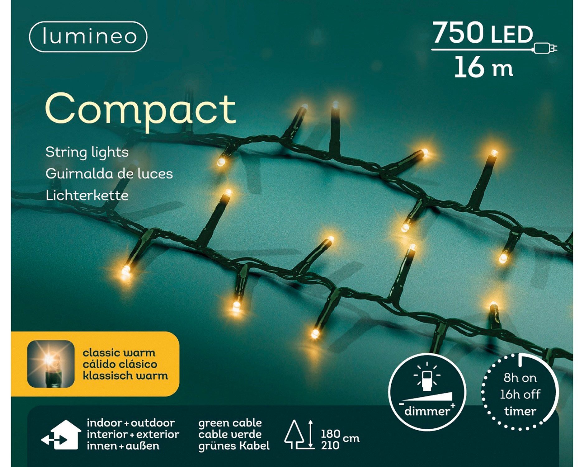 Lumineo LED-Lichterkette Lumineo Lichterkette COMPACT 750 LED 16 m klassisch warm, grünes Kabel, Dimmbar, Timer, Indoor/Outdoor, + 5 m Zuleitung