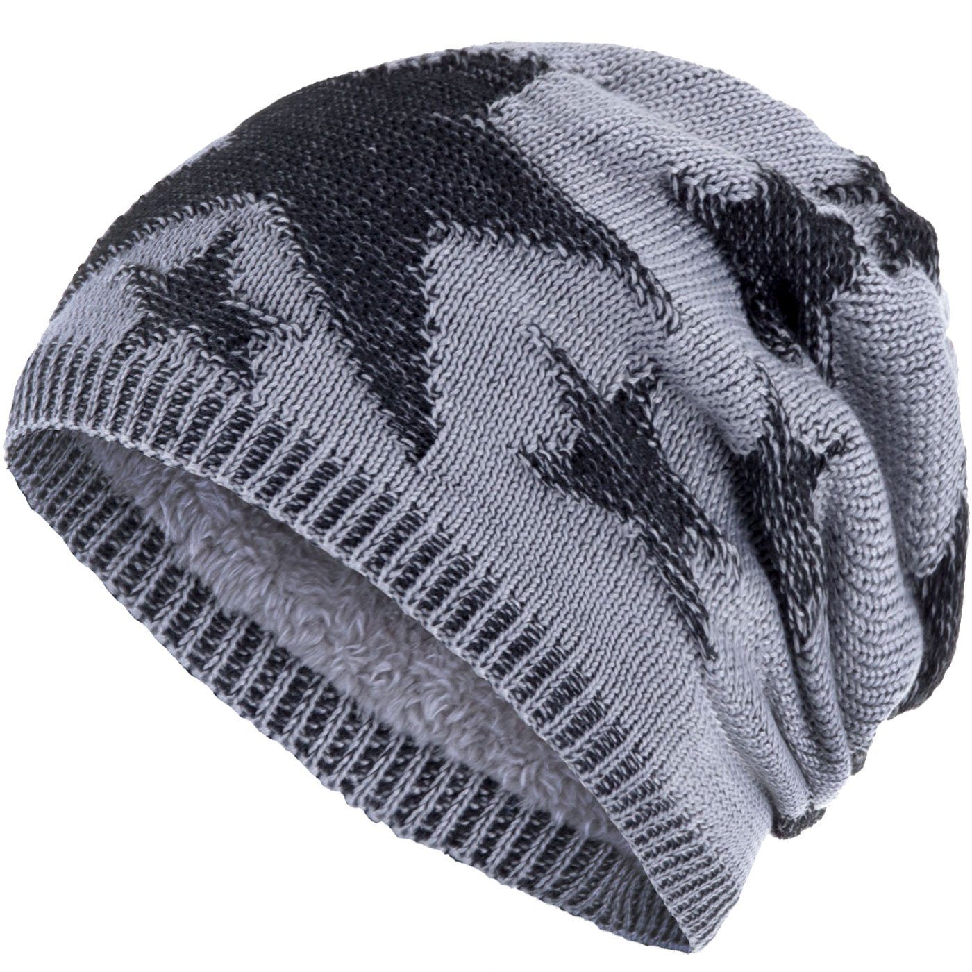 compagno Strickmütze (1-St) Sternen Wintermütze warm gefütterte Beanie Mütze Stern hellgrau