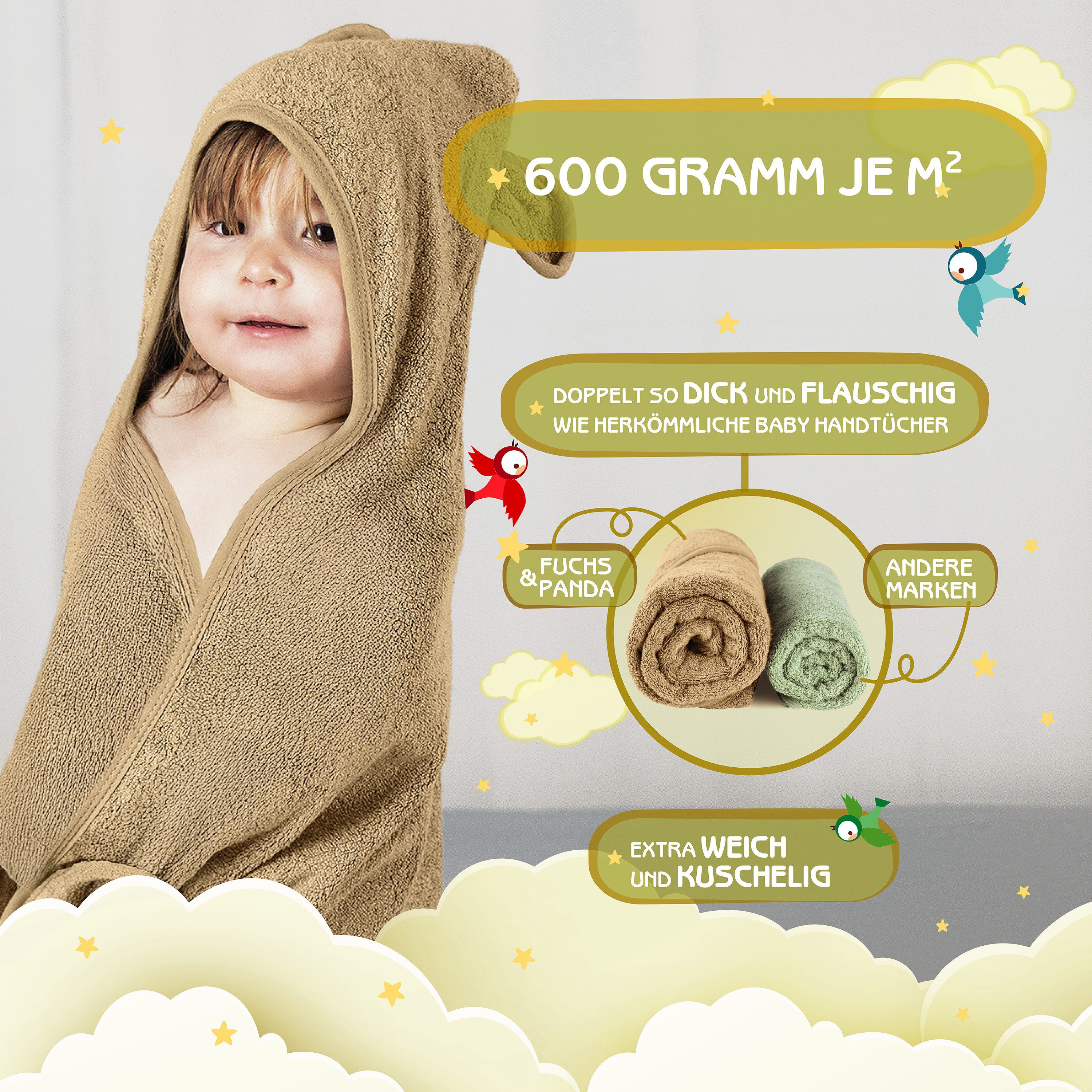 Fuchs & Panda Kapuzenhandtuch Kapuzenhandtuch Baby EXTRA dick, warm & weich aus 100% Bambus, 100% Bambus: Antimikrobiell, Atmungsaktiv, Hypoallergen, Superweich