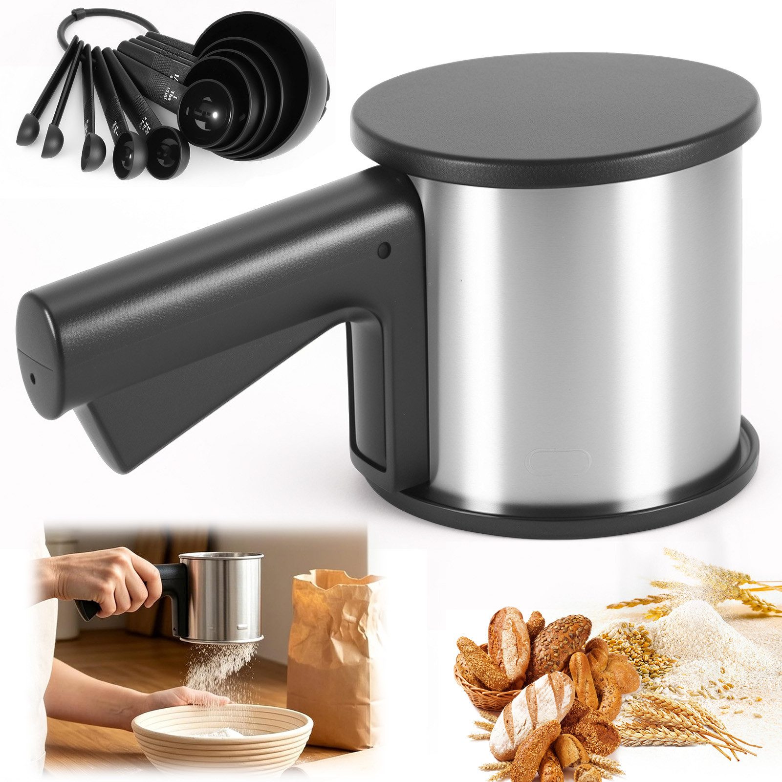 BlingBin Puderzuckerstreuer Edelstahl Mehlstreuer Staubzuckerstreuer mit 10-teiliges Löffel-Set, (1-tlg), Mehlsieb mit Deckel & Griff für Backen & Dekoration, Spülmaschinenfest