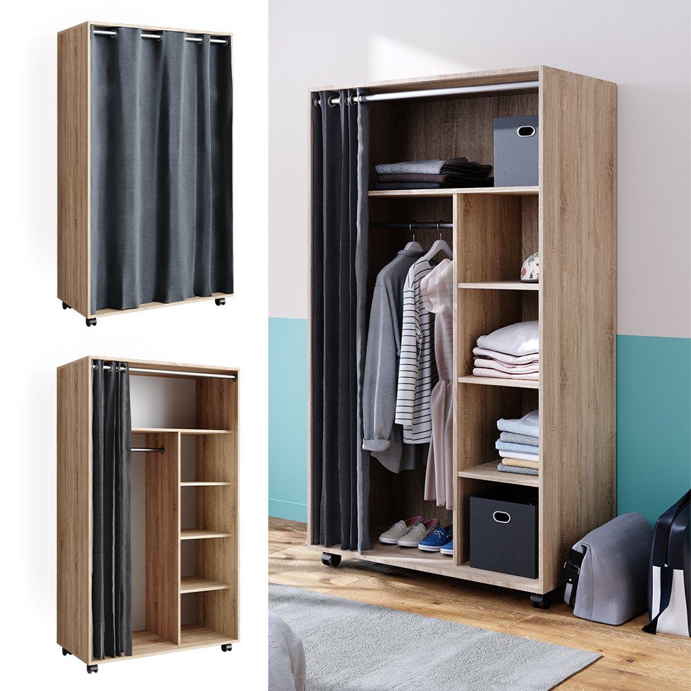 Vicco Kleiderschrank Doros, Sonoma, 100 x 168 cm offen, mit Rollen (1-St) mit Kleiderstange