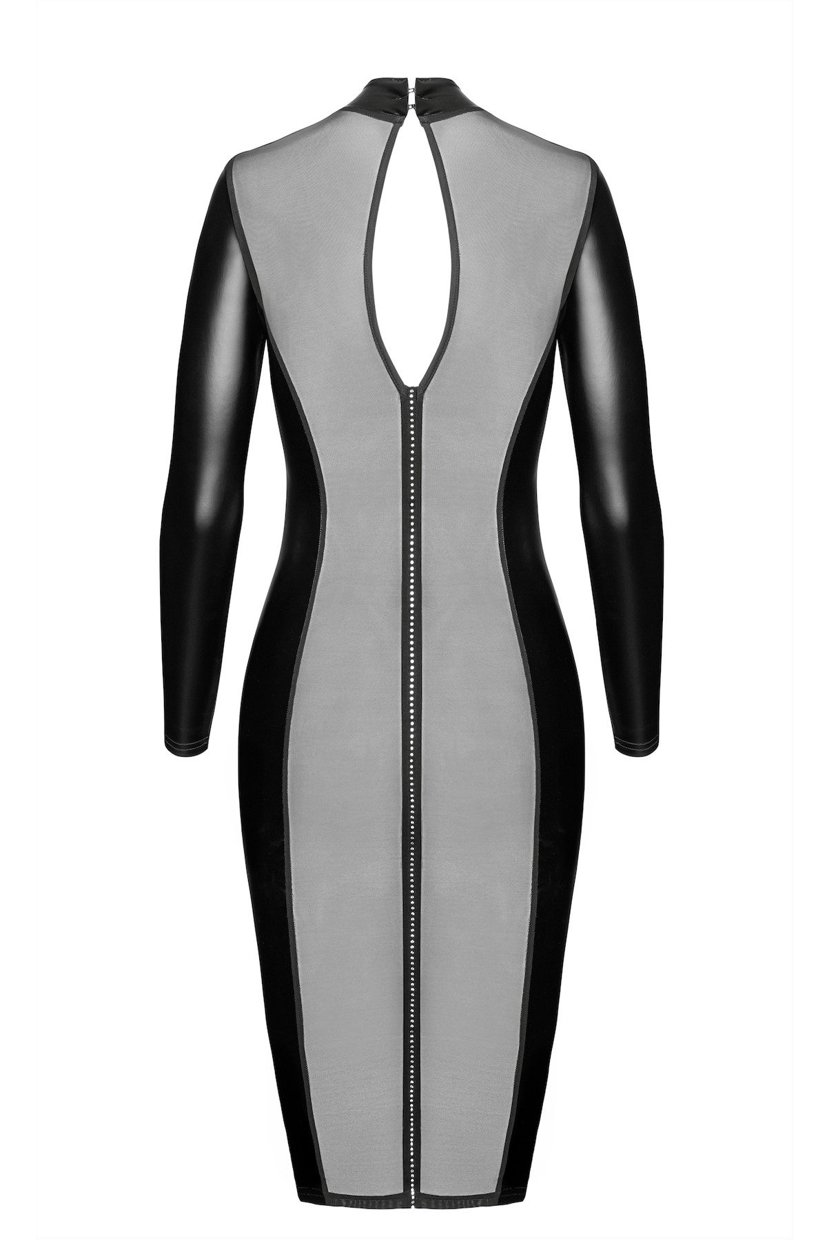 Noir Handmade Minikleid Damen Wetlook Kleid schwarz mit Netz und Ausschnitt transparent offen