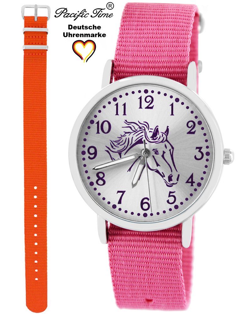 Pacific Time Quarzuhr Set violett - Pferd und Match Design Wechselarmband, Mix Armbanduhr rosa und Kinder Gratis Versand orange