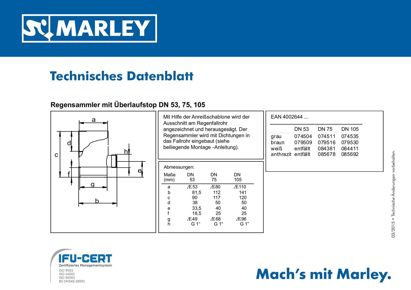 Marley Deutschland GmbH Entwässerungsrinne Regensammler + Überlaufstop DN 75mm grau, 1-St., Hoher Wirkungsgrad >95%