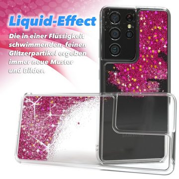 EAZY CASE Handyhülle Liquid Glittery Case für Samsung Galaxy S21 Ultra 6,8 Zoll, Glitzerhülle Shiny Slimcover stoßfest Durchsichtig Bumper Case Pink