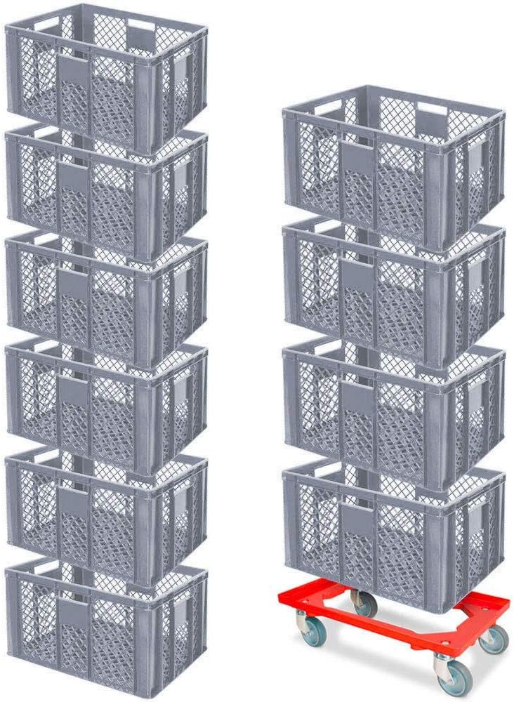 BRB-Lagertechnik Stapelbox 10x Eurobehälter/Bäckerkiste, LxBxH 600x400x320 mm + Transportroller, Stoßfest, robust und formstabil