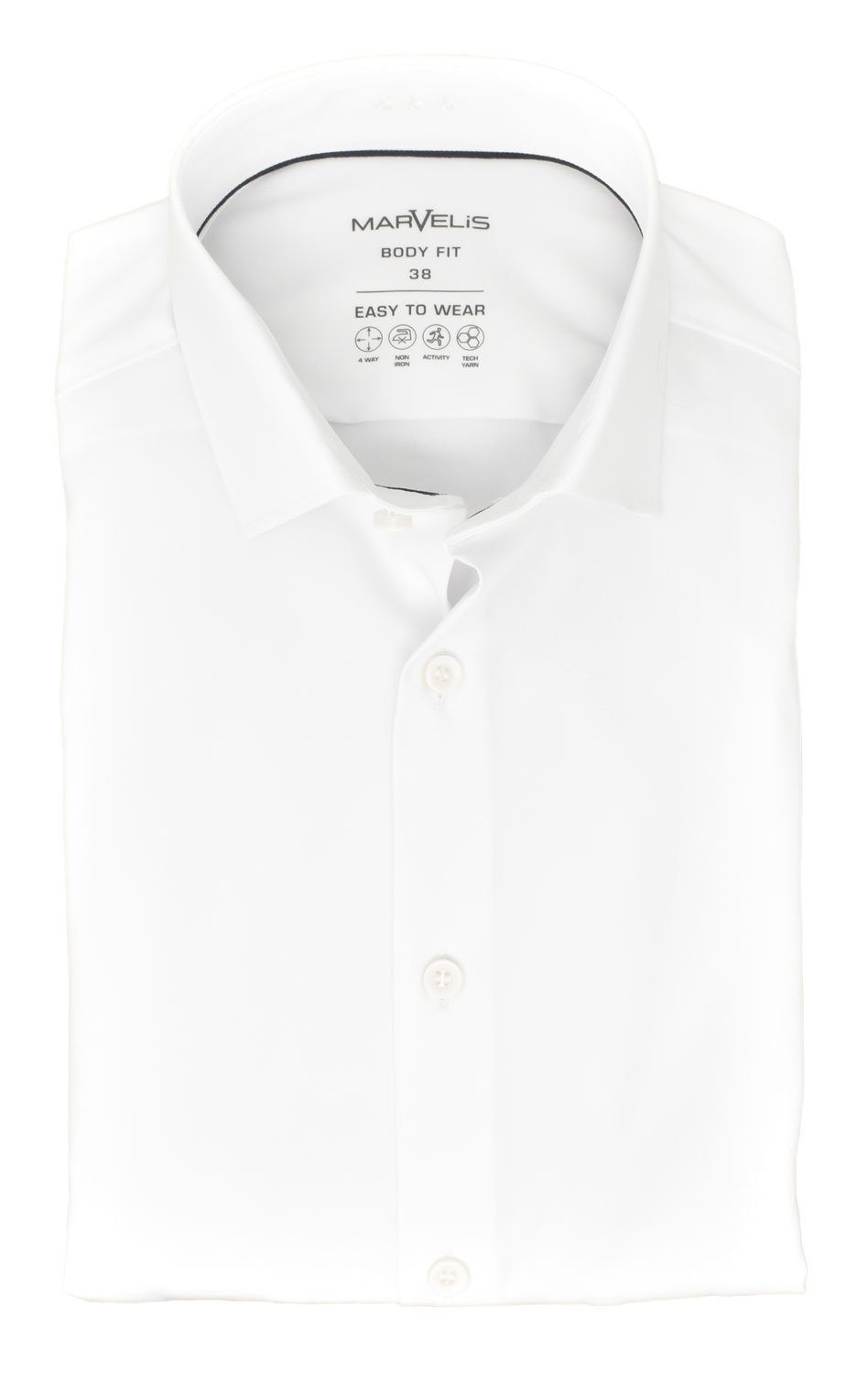 MARVELIS Businesshemd Easy To Wear Hemd - Body Fit - Langarm - Einfarbig - Weiß 4-Wege-Stretch