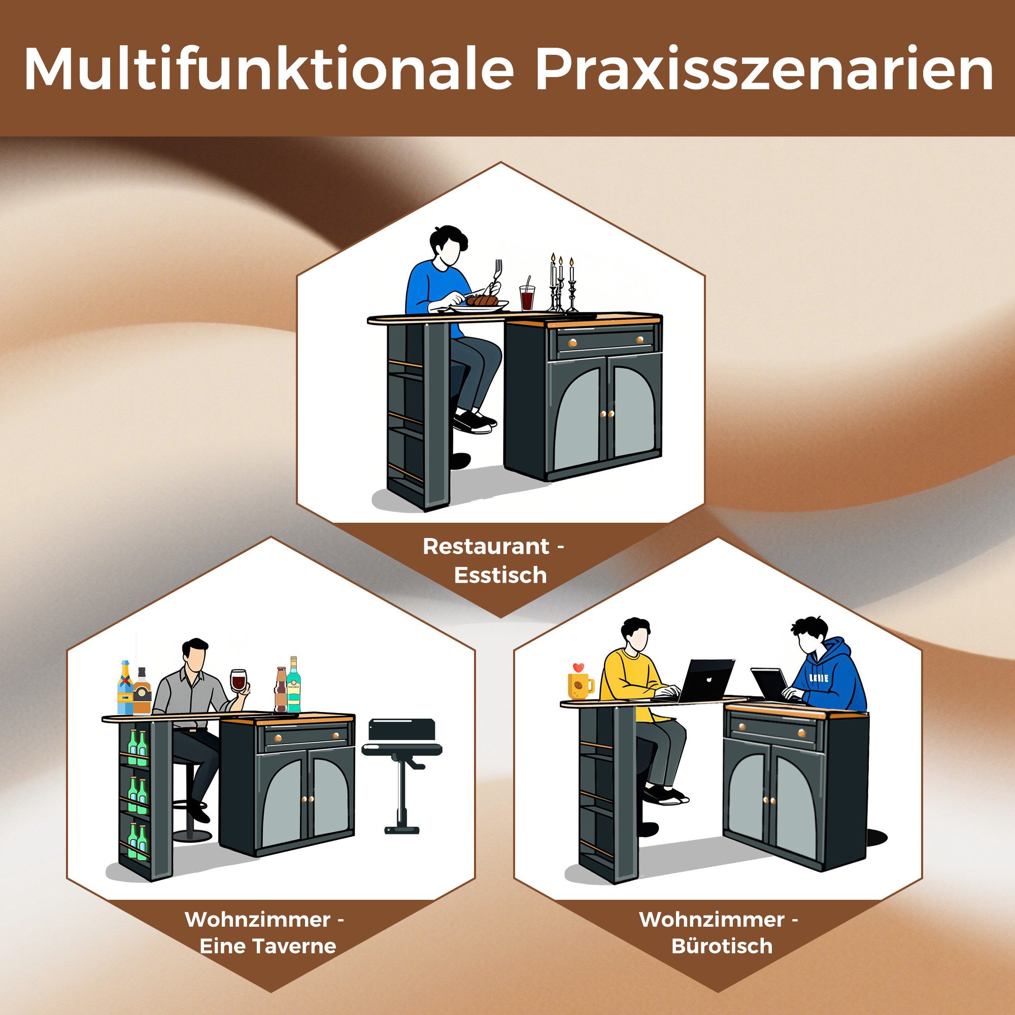 i@home Bartisch Essbar,Kücheninsel,Bistro Table,weiß /schwarz (Packung set, 1 Tisch), 360° drehbare,mit Stauraum und Sideboardschrank,138-204×39×104cm